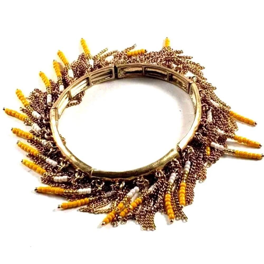 Boho Gold Tone Stretch Bracelet Yellow & White Beaded Fringe – Statement Jewelry